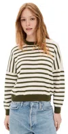 The Great The Roll Neck Pullover Olive & Cream Stripe In Olive & Cream Stripe
