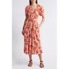 The Great . The Seascape Floral Crinkle Cotton Dress In Burnt Red Hibiscus Flower