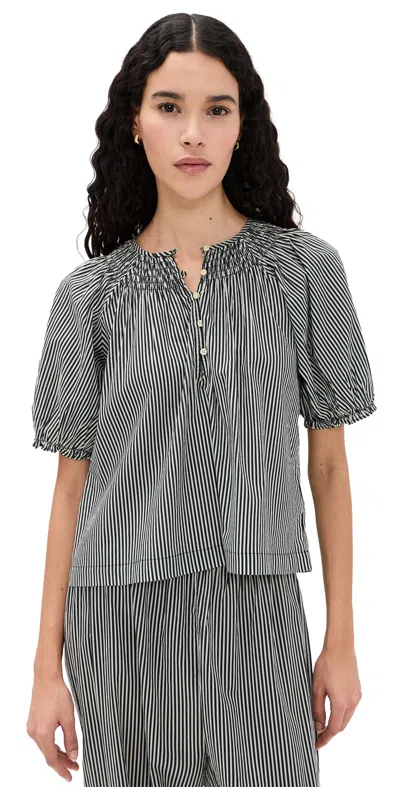 The Great The Smocked Sleep Top Black & Cream Crew Stripe