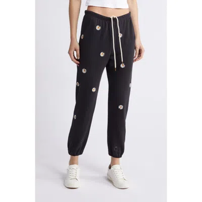 The Great . The Stadium Daisy Embroidery Cotton Joggers In Almost Black