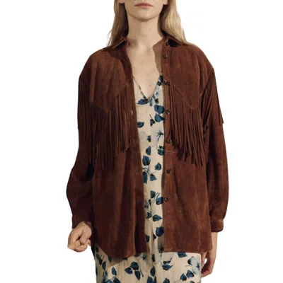 The Great The Suede Fringe Shirt Jacket In Cognac In Green