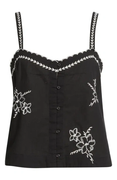 The Great . The Weekend Floral Embroidered Button-up Top In Black