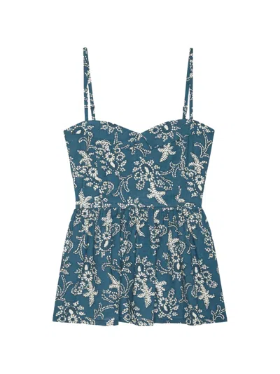 The Great Verse Floral-print Peplum Top In Blue