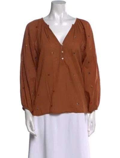 Pre-owned The Great V-neck Three-quarter Sleeve Button-up Top In Orange
