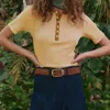 The Great Women's The Baseline Henley Top In Bronze Stripe In Yellow