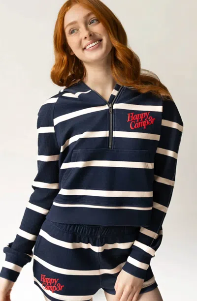 The Happy Camp3r Half Zip Scuba Hoodie In Navy Stripe In Blue
