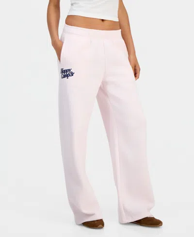 The Happy Camp3r Juniors' Puff-print Wide-leg Sweatpants In Pink