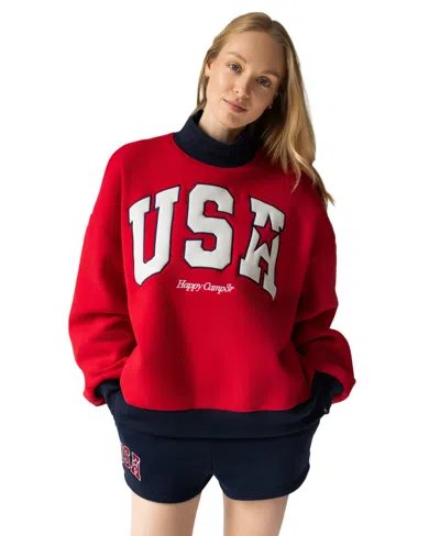 The Happy Camp3r Women's Usa Printed Mock Neck Sweatshirt In Red