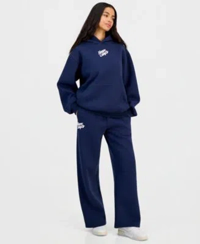 The Happy Camp3r Womens Puff Series Hooded Sweatshirt Wide Leg Sweatpant Matched Set In Blue