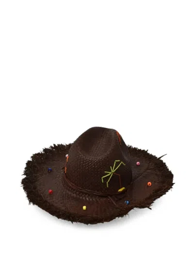 The Hat Gang Bead-embellished Frayed-edge Hat In Brown