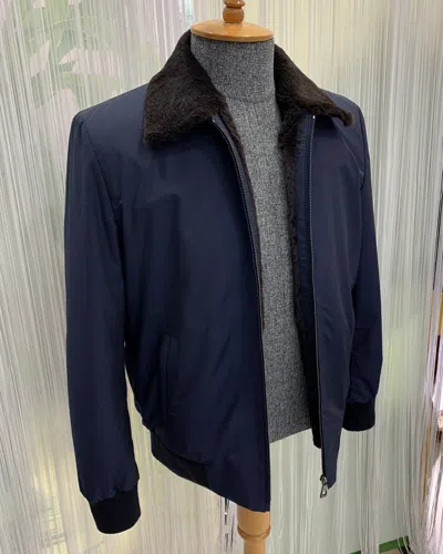 Pre-owned The Issla Loro Piana Fabric Genuine Rabbit Fur Lining Wool Bomber Jacket In Blue