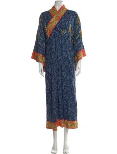 Pre-owned The J. Peterman Co. Printed Long Dress In Blue