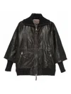 The Jack And Jackie Leathers Boxy Brown Leather Jacket With Knit Accents In Black