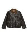 The Jack And Jackie Leathers Brown Leather Jacket With Textured Corduroy Collar In Black