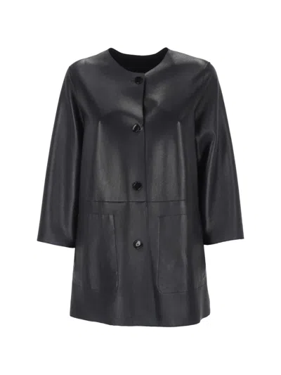 The Jackie Leathers Button-fastening Leather Coat In Black
