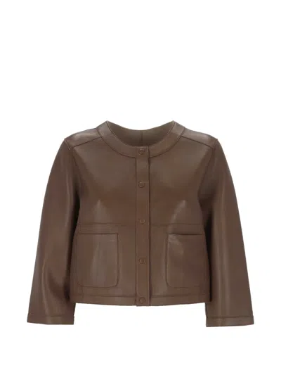 The Jackie Leathers Collarless Leather Jacket In Brown