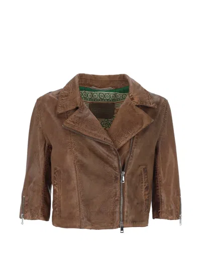The Jackie Leathers Crinkled Leather Jacket In Brown