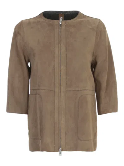 The Jackie Leathers Goat Suede Jacket Crew Neck 3/4s Jersey In Brown