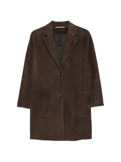 The Jackie Leathers Notched-lapels Suede Coat In Brown