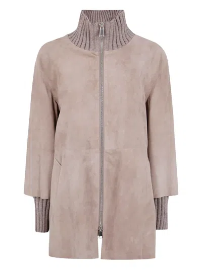 The Jackie Leathers Ribbed-collar Leather Jacket In Neutral