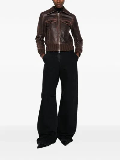 The Jackie Leathers Ribbed-trims Leather Jacket In Brown