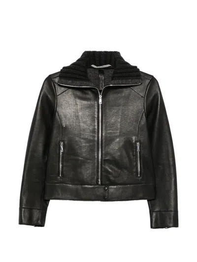 The Jackie Leathers Tilde Ribbed-knit Collar Leather Jacket In Multi