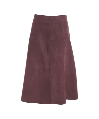 The Jackie Red Leather Midi Skirt With A-line Silhouette And Panel Stitching In Purple