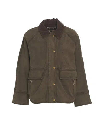 The Jackie Suede Jacket With Classic Corduroy Collar And Button Closure In Green