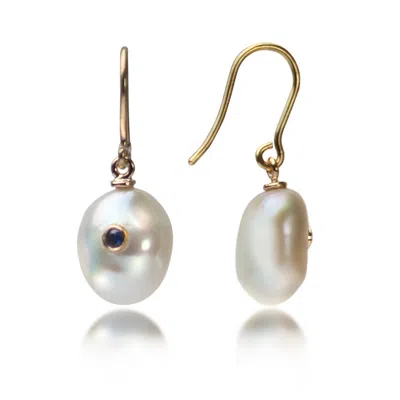 The Jewellery Store London Women's Blue / White / Gold Keshi Pearl Earrings With Blue Sapphire In Solid Gold In Multi