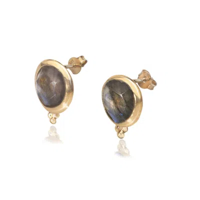 The Jewellery Store London Women's Gold / Green Labradorite ‘you Are Loved' Stud Earrings In Gold Vermeil In Multi