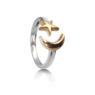 The Jewellery Store London Women's Silver / Gold Adjustable Ring With Star And Crescent Moon In Sterling Silver And Gold Vermei