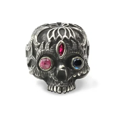 The Jewellery Store London Women's Silver / Red / Blue Mystic Third Eye Ring With Ruby Garnet & Lolite In Sterling Silver