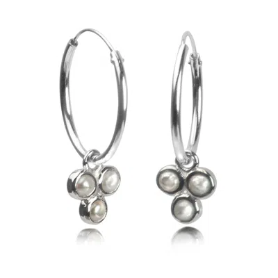 The Jewellery Store London Women's Silver / White Hoop Earrings With Pearls Trilogy Charms In Sterling Silver