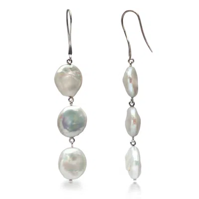 The Jewellery Store London Women's Silver / White Keshi Pearl Coin Three Layer Dangle Earrings In Sterling Silver