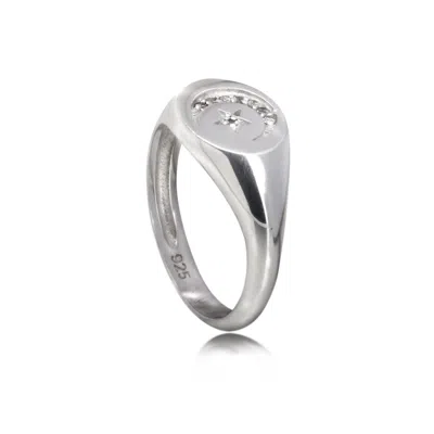 The Jewellery Store London Women's Silver / White Round Celestial Signet Ring With Cz In Sterling Silver In Multi