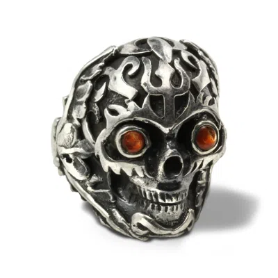 The Jewellery Store London Women's Silver / Yellow / Orange Mystic Sun Skull Ring With Sunstone In Sterling Silver