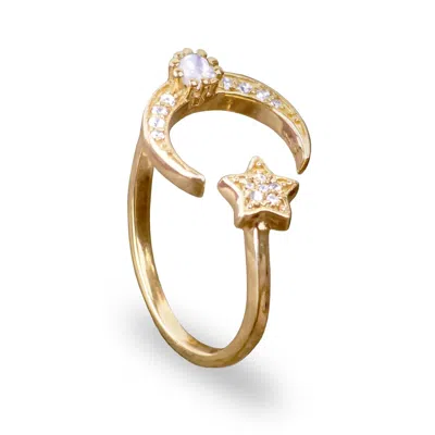 The Jewellery Store London Women's White / Gold Adjustable Ring With Star And Moon In Gold Vermeil With Cz And Moonstone