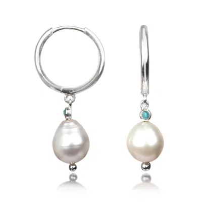 The Jewellery Store London Women's White / Silver / Blue Huggie With Pearl And Turquoise In Sterling Silver In Multi