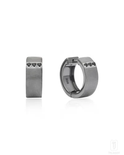 The Jewelz Men's Black / Silver / Neutrals Shadow Curve  Black Spinel Silver Huggies