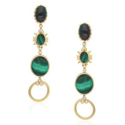 The Jewelz Women's Green / Black Bloodstone And Malachite Charmed Silver Dangler Earrings