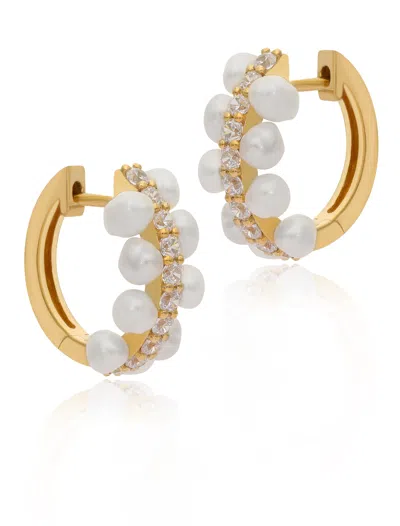 The Jewelz Women's White / Silver / Gold 925 Silver Raise Me Pearl Hoops For Gifting In Multi