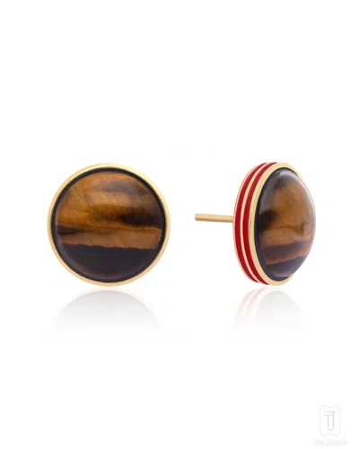The Jewelz Women's Yellow / Brown / Red Ember Stripe' Tiger's Eye 925 Silver Earrings In Multi