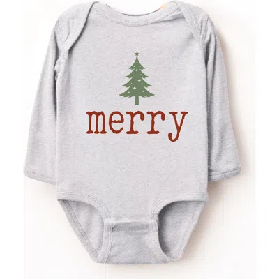 The Juniper Shop Kids'  Merry Christmas Tree Stars Long Sleeve Bodysuit (baby) In Heather Grey
