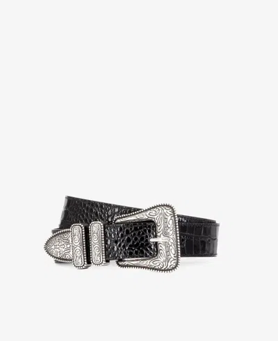 Pre-owned The Kooples Croc Embossed Leather Western Belt In Black