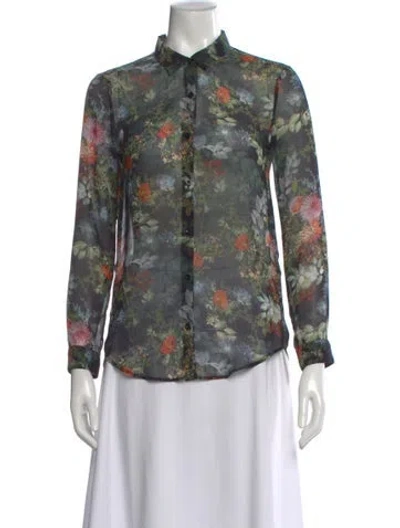 Pre-owned The Kooples Floral Print Long Sleeve Blouse In Green