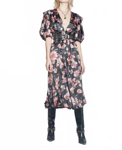 The Kooples Floral Puff-sleeve Dress In Black In Multi