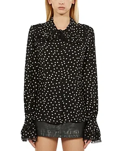 The Kooples Lace Trim Polka Dot Shirt In Black White