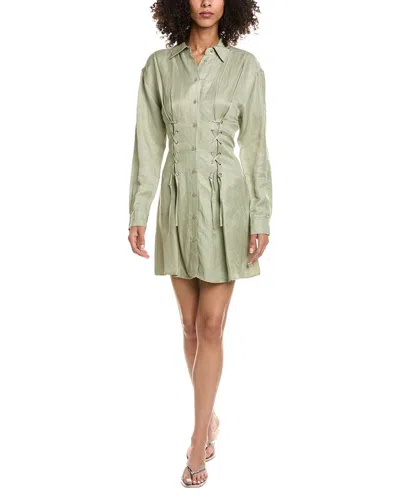 The Kooples Lace-up Linen-blend Mini Shirtdress In Green