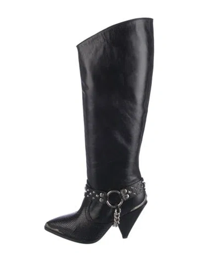 Pre-owned The Kooples Leather Chain-link Accents Boots In Black