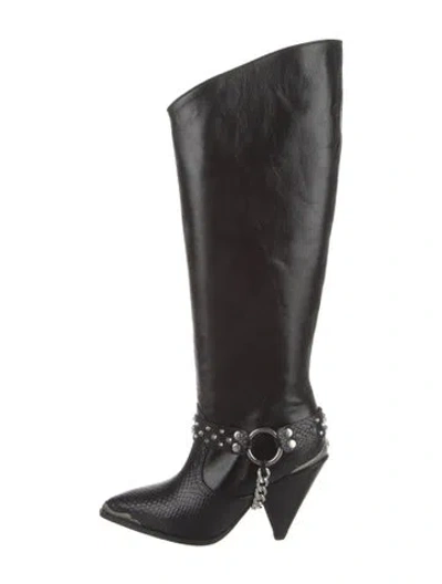 Pre-owned The Kooples Leather Chain-link Accents Western Boots In Black